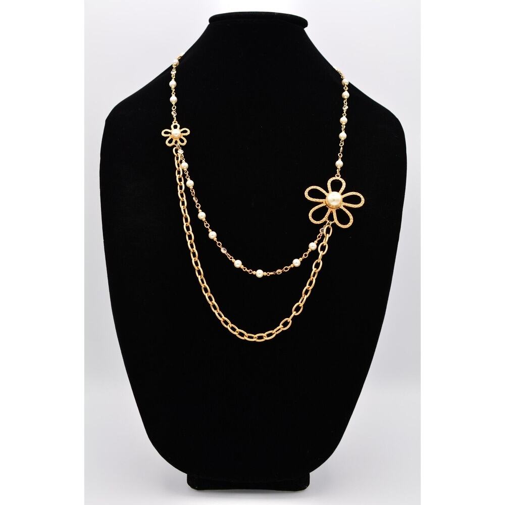 Vintage Flower Necklace Clear Open Bezel Crystal Pearl Beaded Chain Signed Bin2C